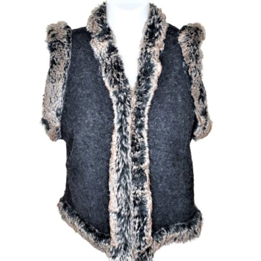 Vintage Sandra Pabst German Designer Wool Faux Fur Trim Vest Size 46 DE / US L